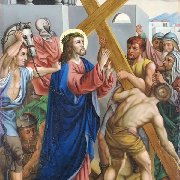 Simon of Cyrene helps Jesus carry the cross